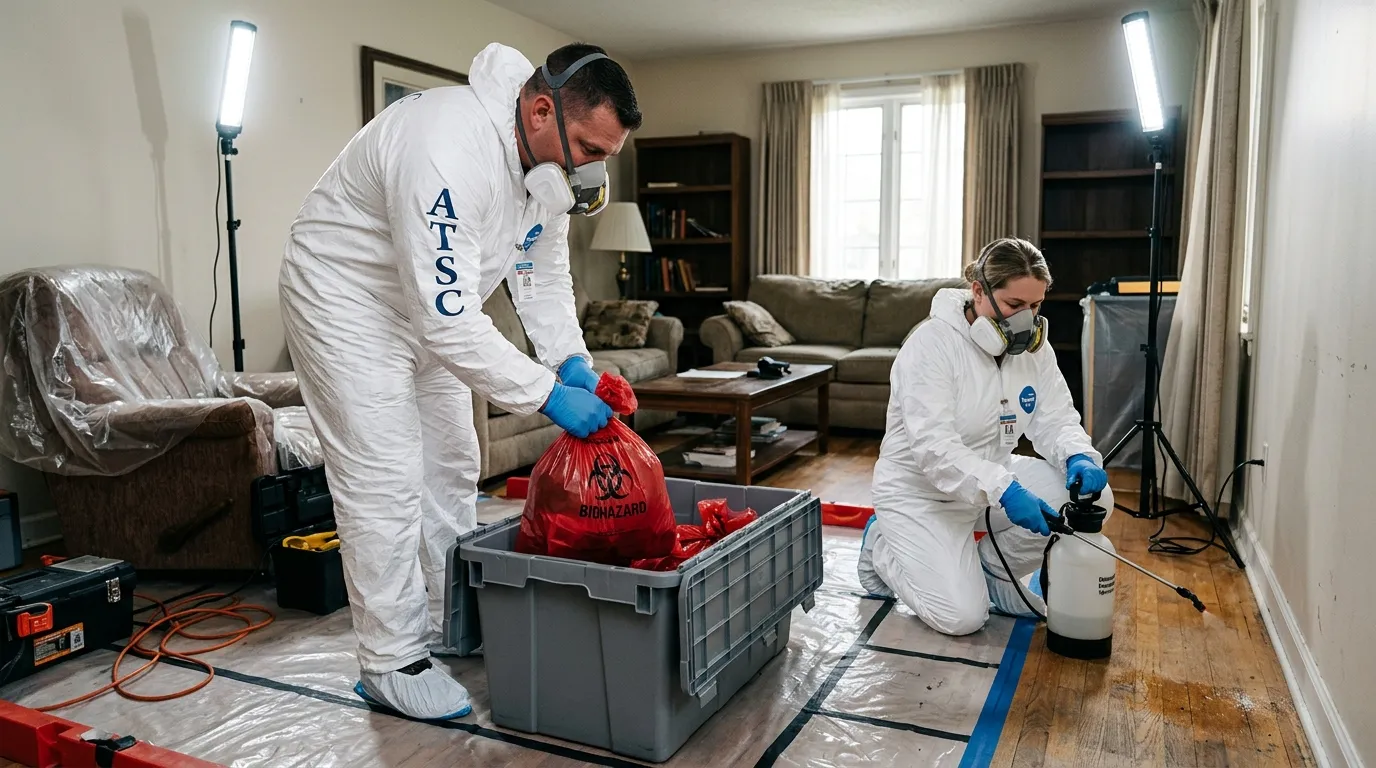 Professional Hoarding Cleanup technician in full PPE working in O'Fallon